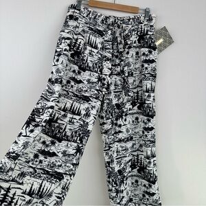 Elaine Rose Black Cream Hawaiian Print Wide Leg Palazzo Cropped Pants Size L